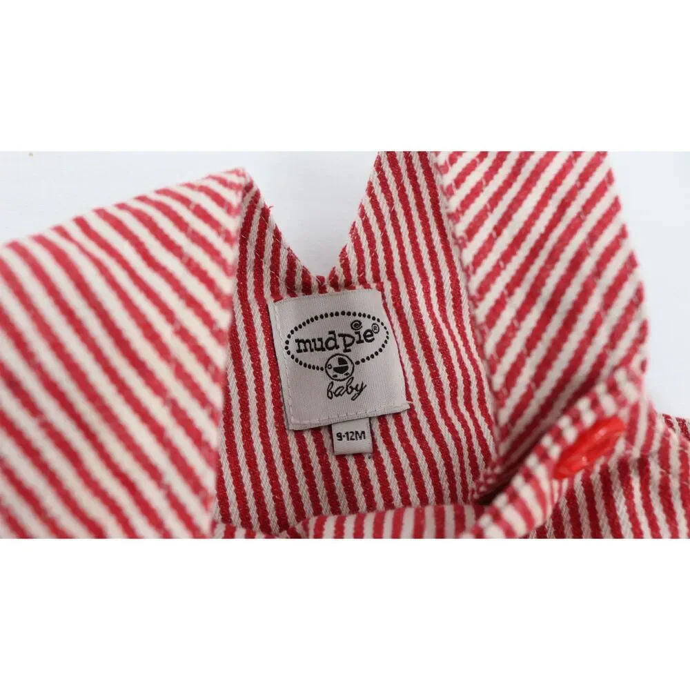 Mud pie Babys Striped Christmas Overalls Size 9-12 Months Red White Santa Clause